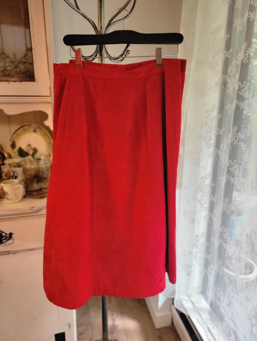 Red Suede Midi Wrap Skirt With Lining